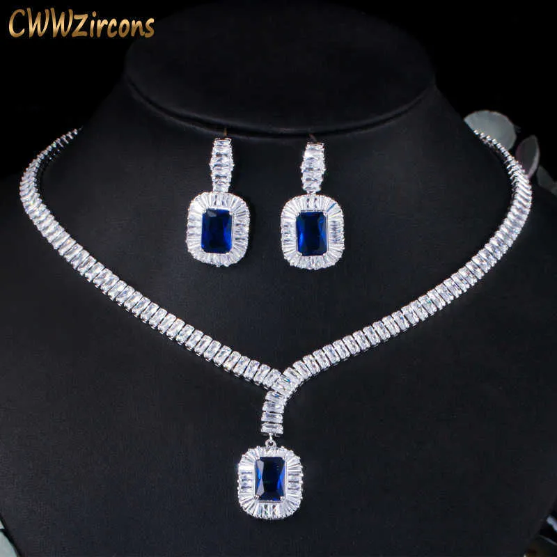 Bling carré goutte bleu foncé Zircon cubique collier et boucle d'oreille ensemble de bijoux de fête pour les mariées de mariage T507 210714