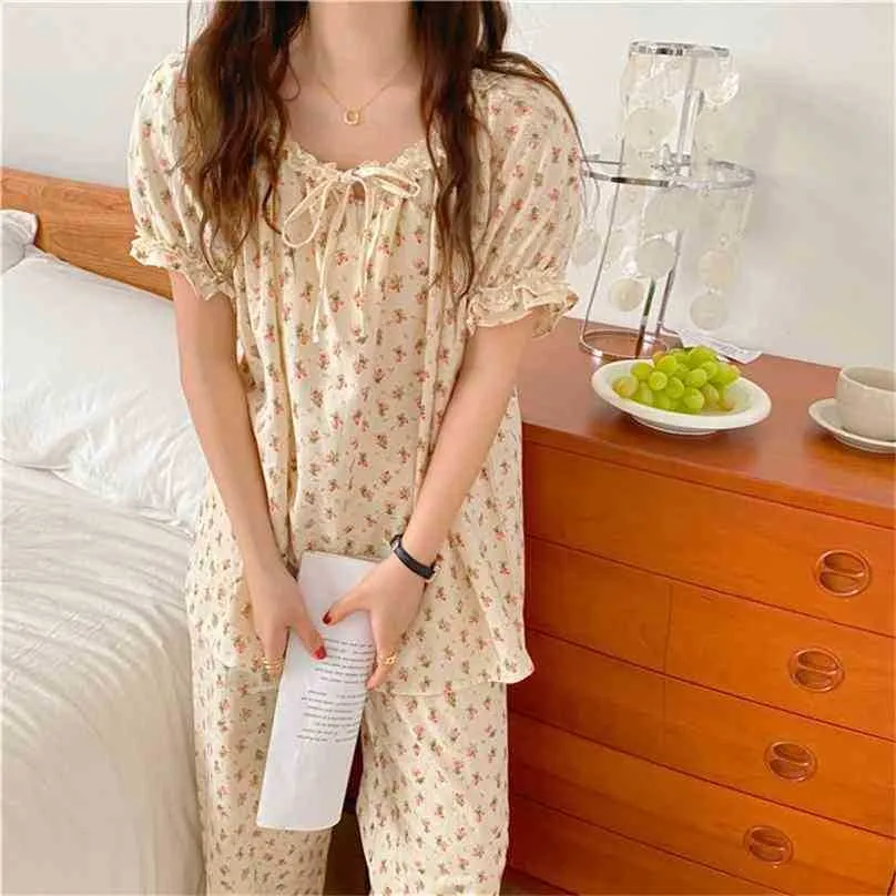 Femme sommarfloraler Ruffles Prinsessan Hem Chic Loose Pyjamas Nightwear Sleepwear Bomull Två Piece Suit Set 210525