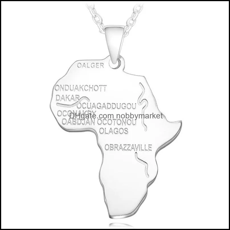 Hip Hop Africa Map Pendant Necklace Men s Gold Silver Rose Gold Black Lettering African Map charm Link chain For women Hiphop Jewelry