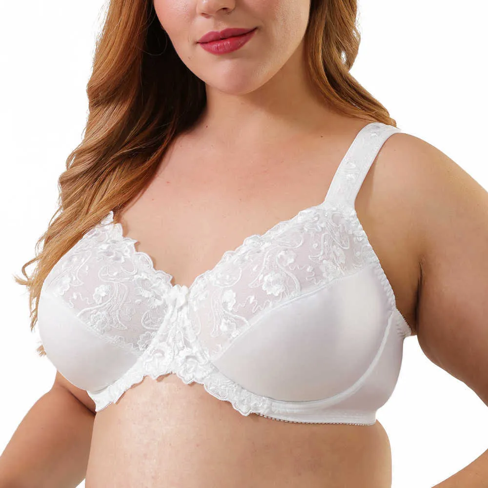 Plus Size Womens Minimizer Bra Full Coverage Non Padded Underwire Lace  White Floral Embroidery For Female C D DD DDD E F G H I 210623 From 9,09 €