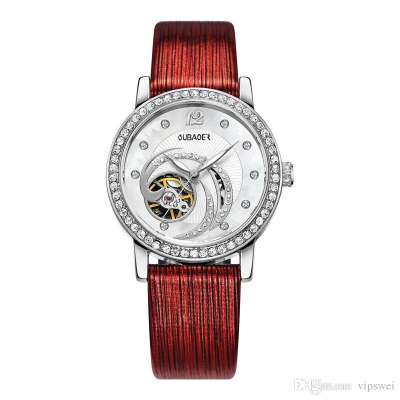 Kobieta Automatyczny Zegarek Mechaniczny Luksusowe Wysokiej Jakości Zegarki 5 Kolory Dial Hollow Szwajcarska Panie Rhinestone Skórzany Pasek Sporty (Wristwatches