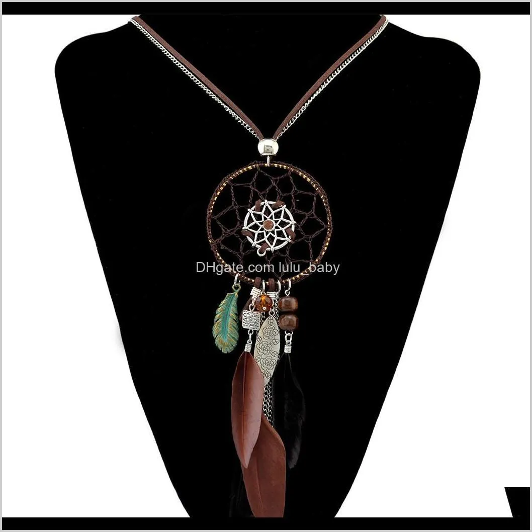 idealway 4 colors bohemian fashion silver plated leather double chain resin feather tassel dreamcatcher pendant necklace