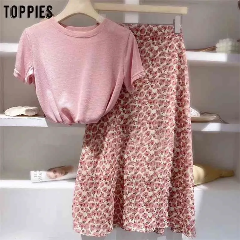 Toppies Été Mignon Rose Ensemble Femmes Deux Pièces Ensemble Casual Coton Lin Slim T-shirts Taille Haute Jupes 210730