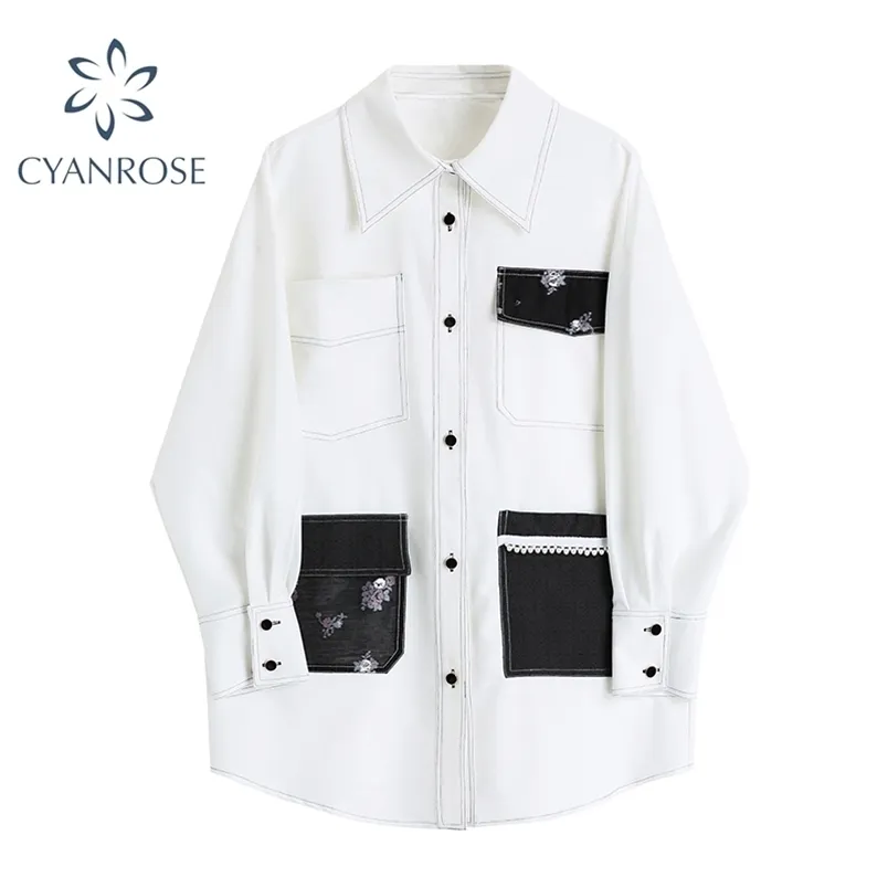 Streetwear blouses och tröjor Kvinnor Långärmad Cardigan Vintage Lapel Boyfriend Pocket Oversized White Blusas Toppar Kvinna 210515