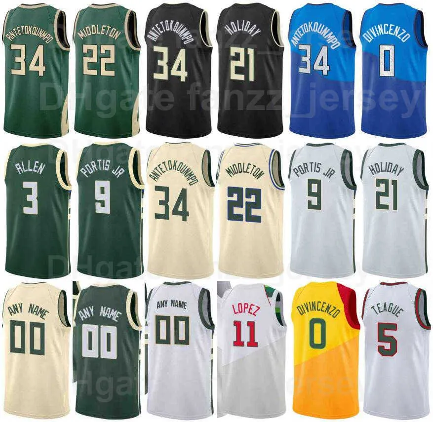 Screen Gedrukt NWORA Basketbal Jersey 13 Thanasis AntetokounMpo 43 Grayson Allen 7 Jeff Teague 5 Elijah Bryant Khris Middleton 22 Jrue Holiday 21 heren Dames Kids