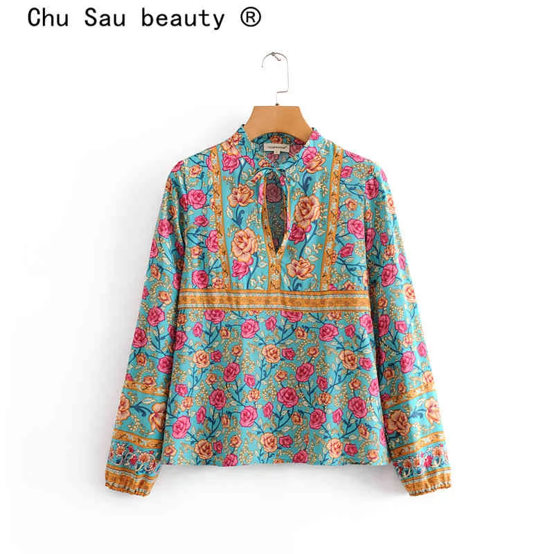 Chu Sau Beauty Mode Vintage Rose Floral Print Blouses Femmes Boho Bow Belles Chemises Femme Camisa De Moda 210508