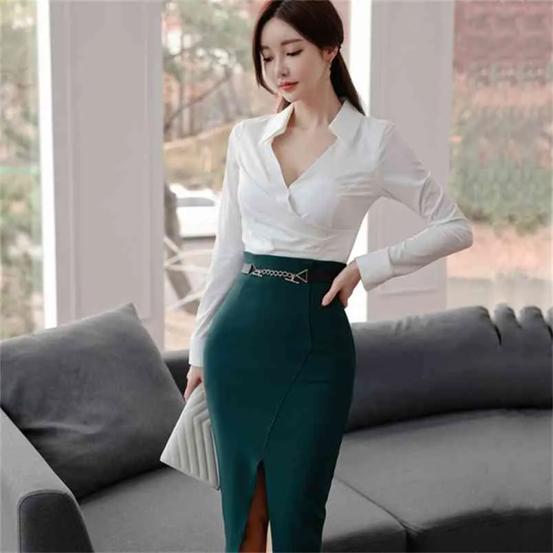 Lente Dames Elegant Office OL 2 Stuks Set Sexy V-hals White Blouse Hoge Taille Bodycon Pencil Skirt Suit 210519