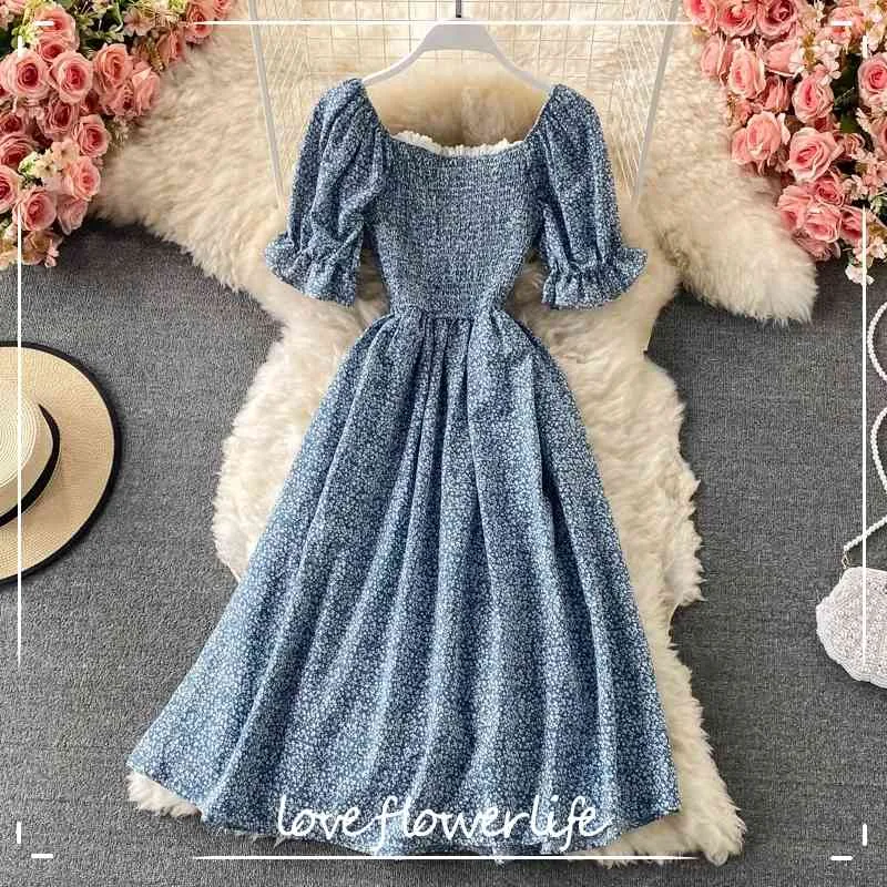 LoveFlowerLife Sommer Vintage Blumendruck Kleid A-Linie Puffärmel Hohe Taille Mitte Der Wade Elegante Frauen Kleider 210521