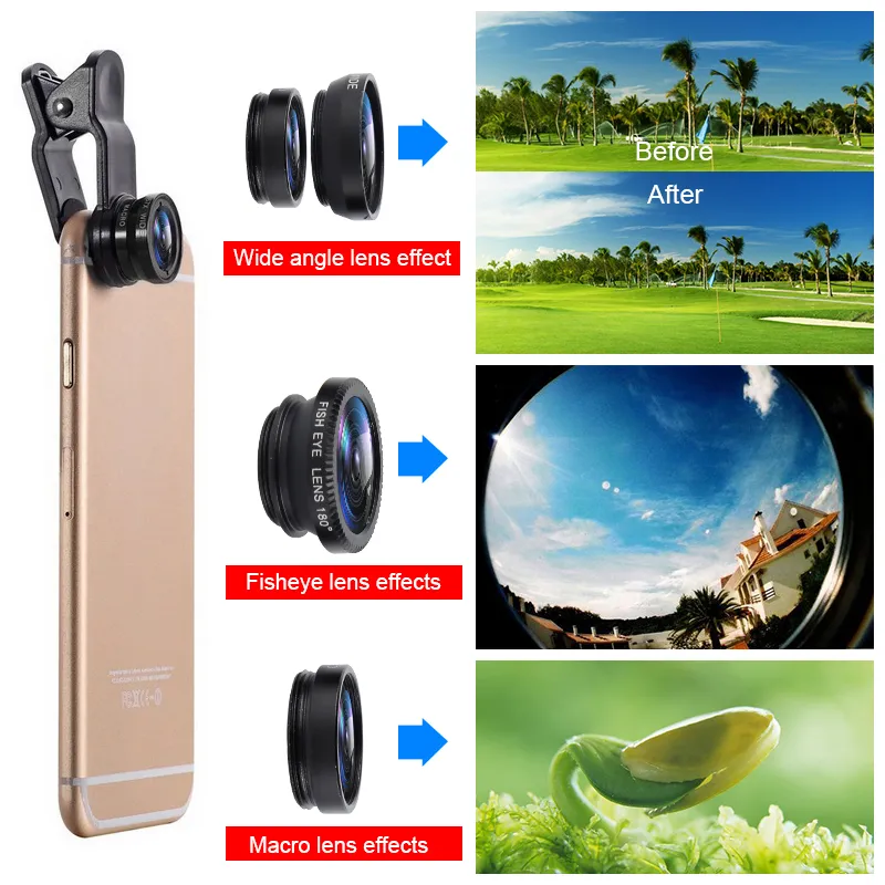 Universal 3 em 1 macro grande angular lente olho de peixe câmera lentes de telefone celular lentes olho de peixe para iPhone 6 7 smartphone microscópio