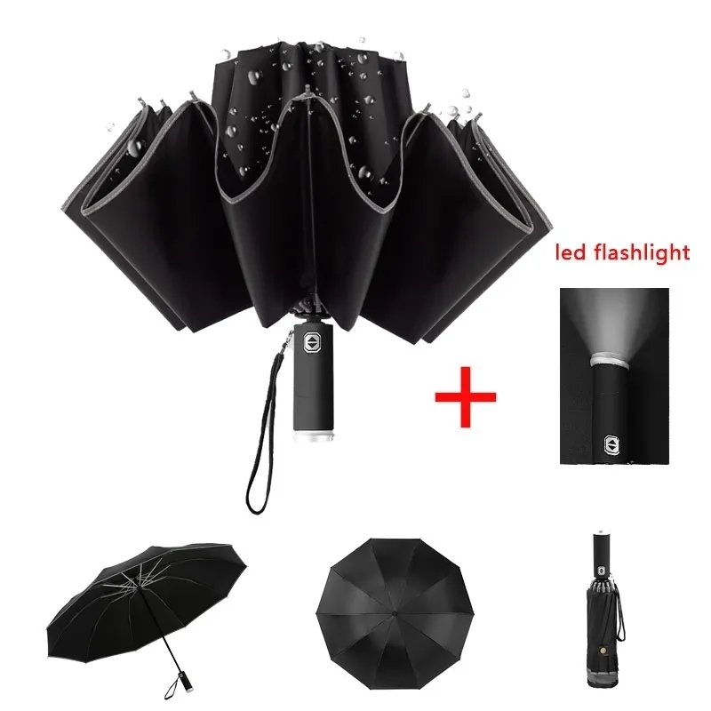 Automático com faixa reflexiva REVERSE LED Guarda-chuva Três dobráveis ​​Invertido 10 Ribs Guarda-chuvas à prova de vento 210320