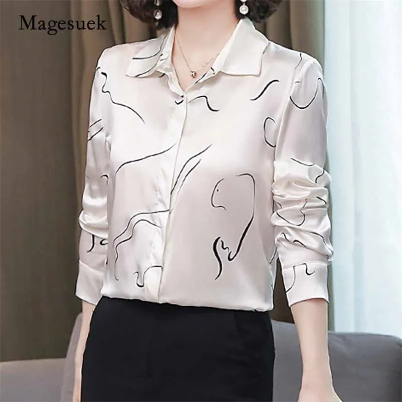 Botão de impressão de manga longa outono Botão Cardigan Blusa Mulheres Escritório Senhora Silk Shirt Plus Size Ladies Roupas 10722 210518