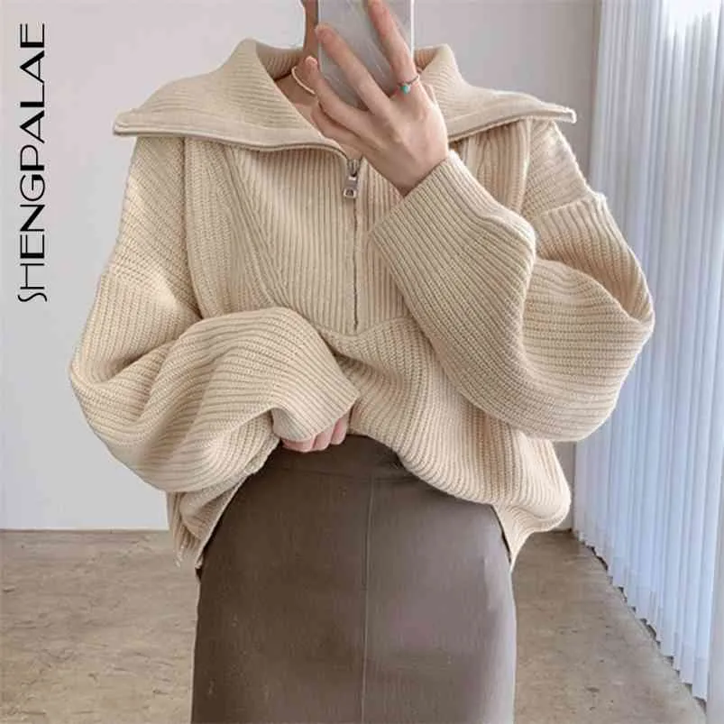 SHENGPALAE Spring Women's Sweater Fashion Thick Warm High-neck Large Size Long Sleeve Zipper Knitted Pullovers Tops 5A311 210805