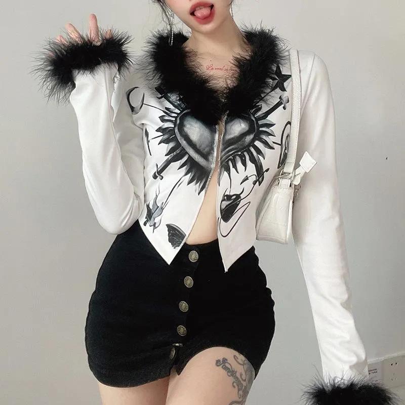 Kvinnors Jackor Vinter Jacka Y2K Bomber Faux Fur Coat Cardigan White Streetwear Harajuku Goth Vintage Clothes Outerwear Beskuren