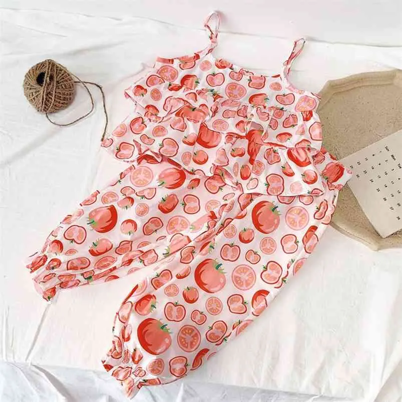 Conjuntos de roupas de meninas de verão Moda Impressão de frutas Suspender Top + Bloomer Calças 2 Pcs Suits Bebê Kids Outfits Terno 210625