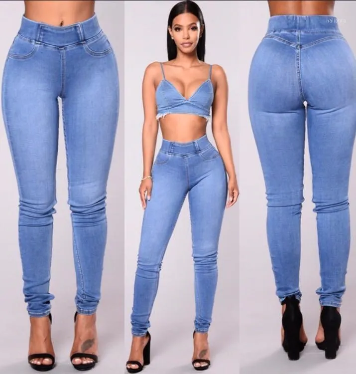 Light Blue High Waist Skinny Jeans With Elastic Waists And Big