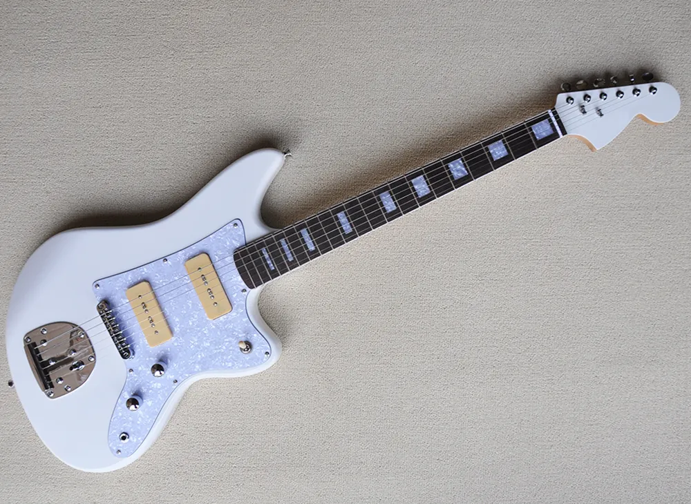 Guitare électrique blanche avec micros P90, touche en palissandre, Pickguard en perles blanches, offrant un Service personnalisé