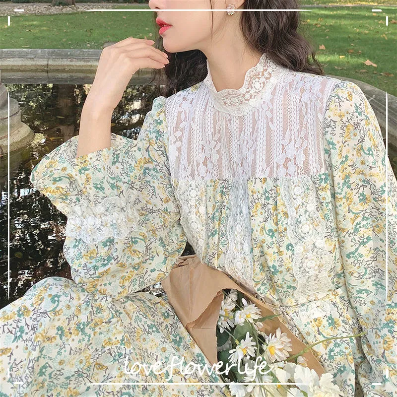 Chiffon Floral Midi Dress Women French Sweet Vintage Dress Ladise Long Sleeve Elegant Flower Dress Korean Spring 210521