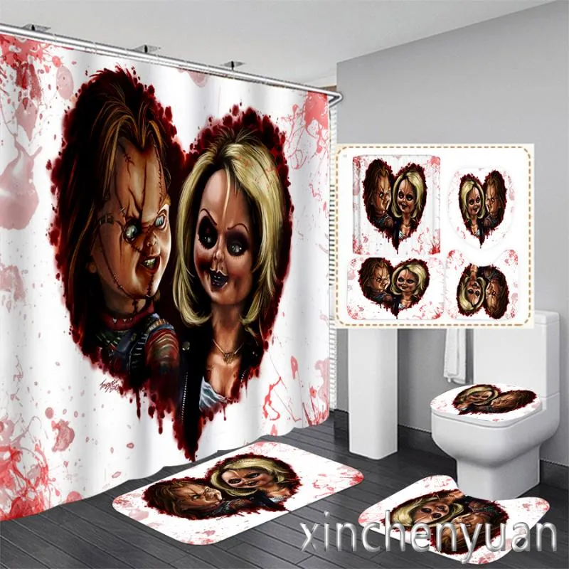 Cortinas de ducha Película de terror Chucky Impresión 3D Cortina de baño impermeable Cubierta de inodoro Alfombra antideslizante (1/3/4 piezas) W07