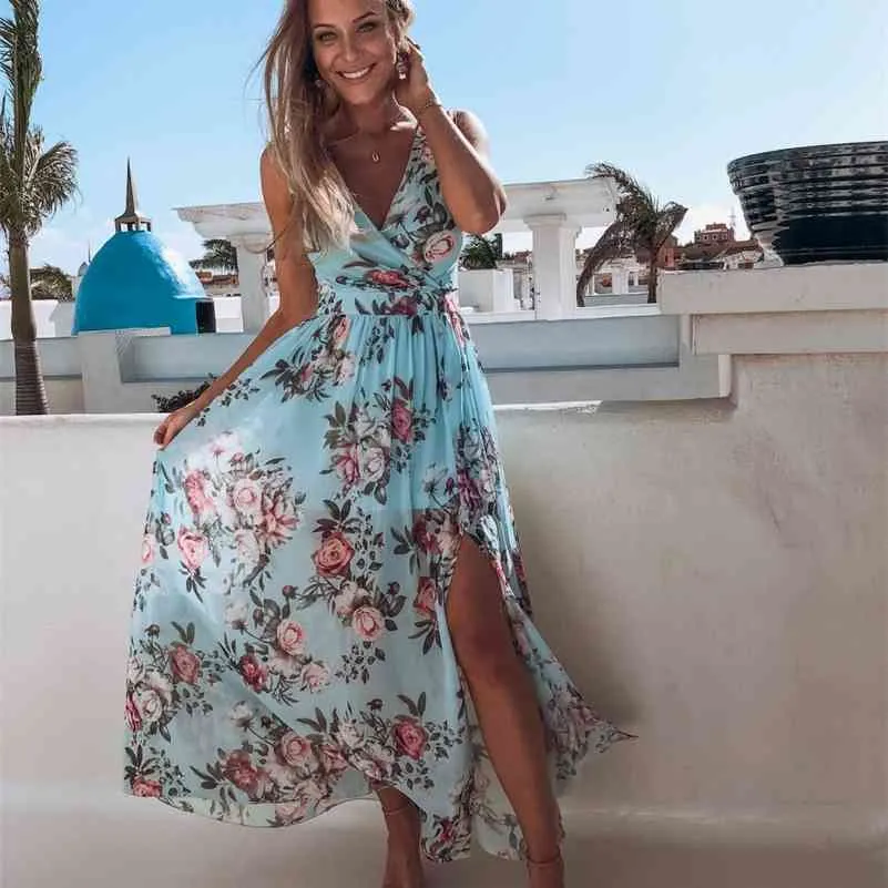 Summer Women Print V Neck Split Maxi Dress Floral Spaghetti Strap Elegant Party Chiffon Eleganti abiti da spiaggia casual Donna 210630