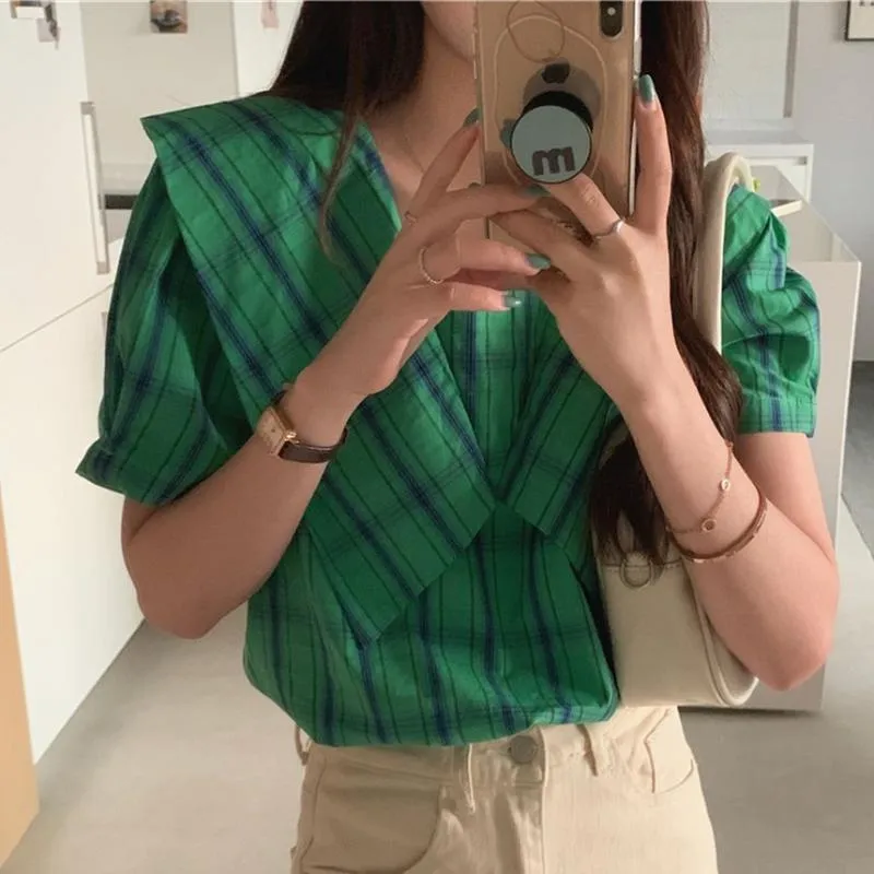 Рубашки женские блузки Alien Kitty Preppy Style Retro Pullovers с короткими рукавами Sweet Elegant 2021 OL Corean Slim-Fit All Match Fashion Tops