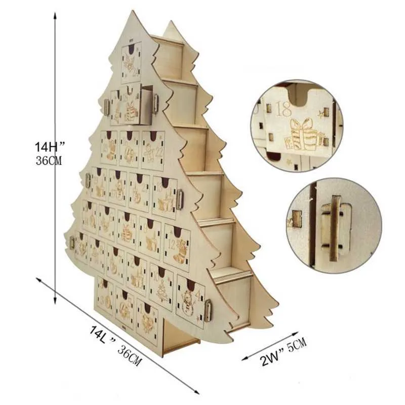 Calendario Dell'Avvento In Legno Con 24 Cassetti - Luci LED E Musica, 25x18,5x30 Cm, Decorazione Natalizia