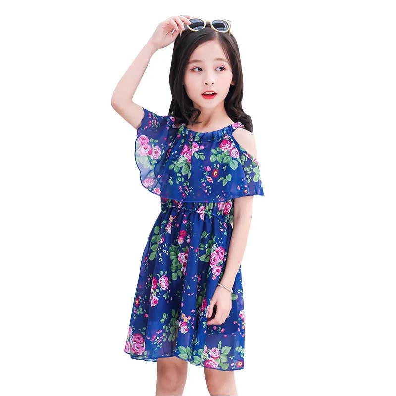 Meisjes Zomerjurk Kinderen Strand Verjaardagsfeestje Prinses Jurken Off-Shoulder Chiffon Floral Casual Jurken 3 5 6 8 10 12 jaar Q0716