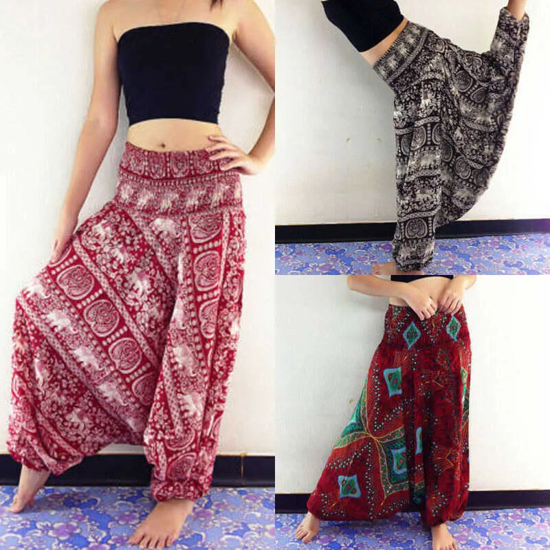 Mulheres largas calças de perna folgada abegorni gênio indiano aladdin imprimir cintura alta moda calças mais tamanho solto chiffon roupas q0801