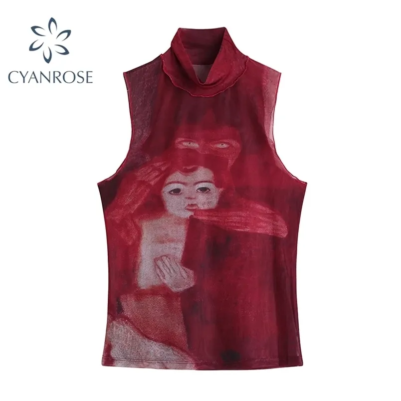 Tie Dye Malha Pescoço Pintado Mão Impresso Mulheres Top Verão Moda Sem Mangas Slim Camiseta Senhora Estilo Holiday Estilo Tops 210515