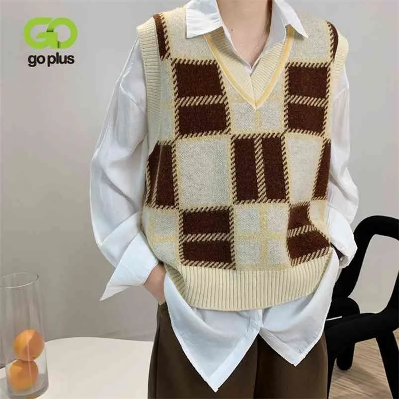 GOPLUS Weste Vintage Plaid Pullover Frauen Koreanische V-ausschnitt Gestrickte Ärmellose Kurze Gilet Femme Pull Sans Manche C10786 210909