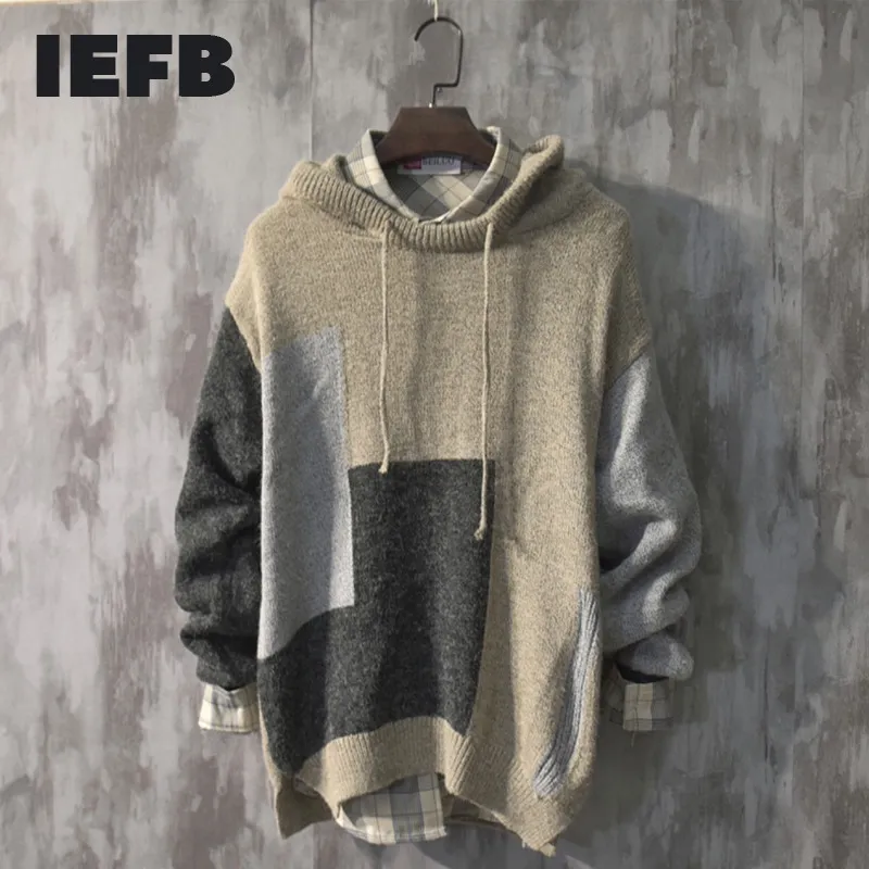 IEFB/männer tragen herbst witner mode farbblock patchwork pullover lose große größe gestrickte tops männlichen mit kapuze 9Y3366 210524