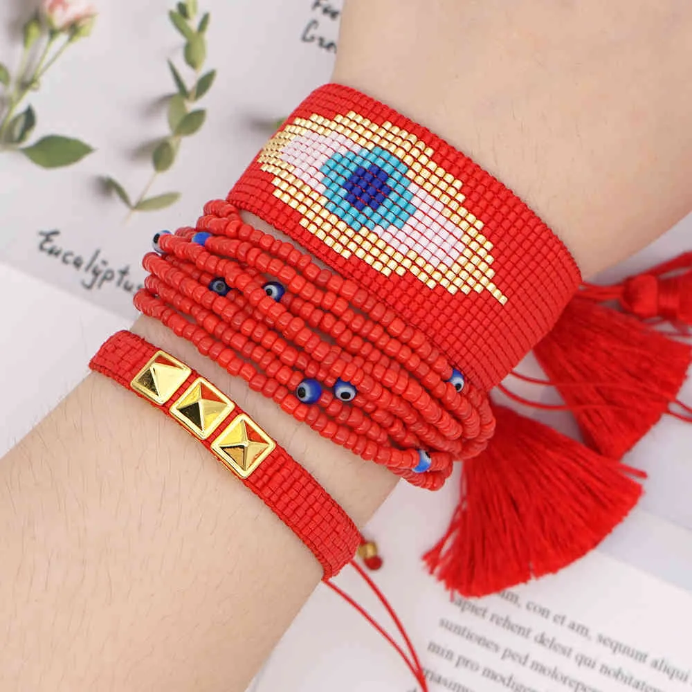 GO2BOHO Kobiety Bransoletka Złe Bransoletki Miyuki Turecki Biżuteria Eye Winter Tassel Pulseras Mujer Red Handmade Woven Prezent