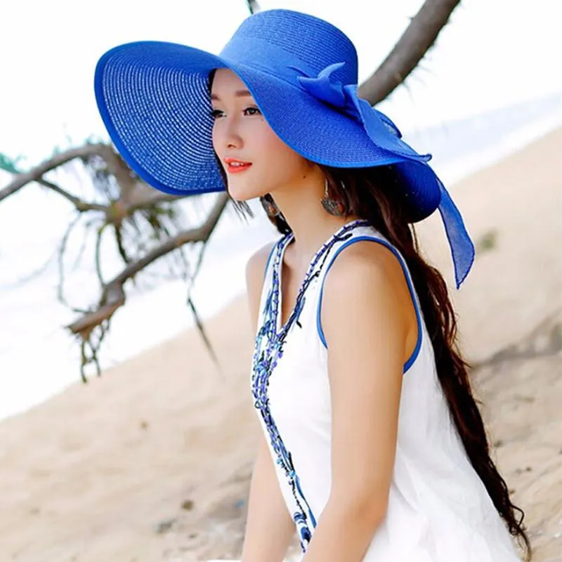 Womens Large Brim Summer Oversized Floppy Sun Hat With Ribbons