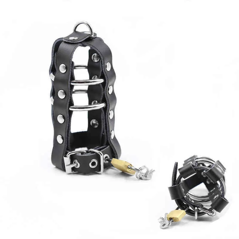 NXY Chastity Device Leather Cock Cage Penis Harness Ball Scrotum Stretcher Restraint Bondage Lock Male Adult Game Sm Sex Toy for Men1221