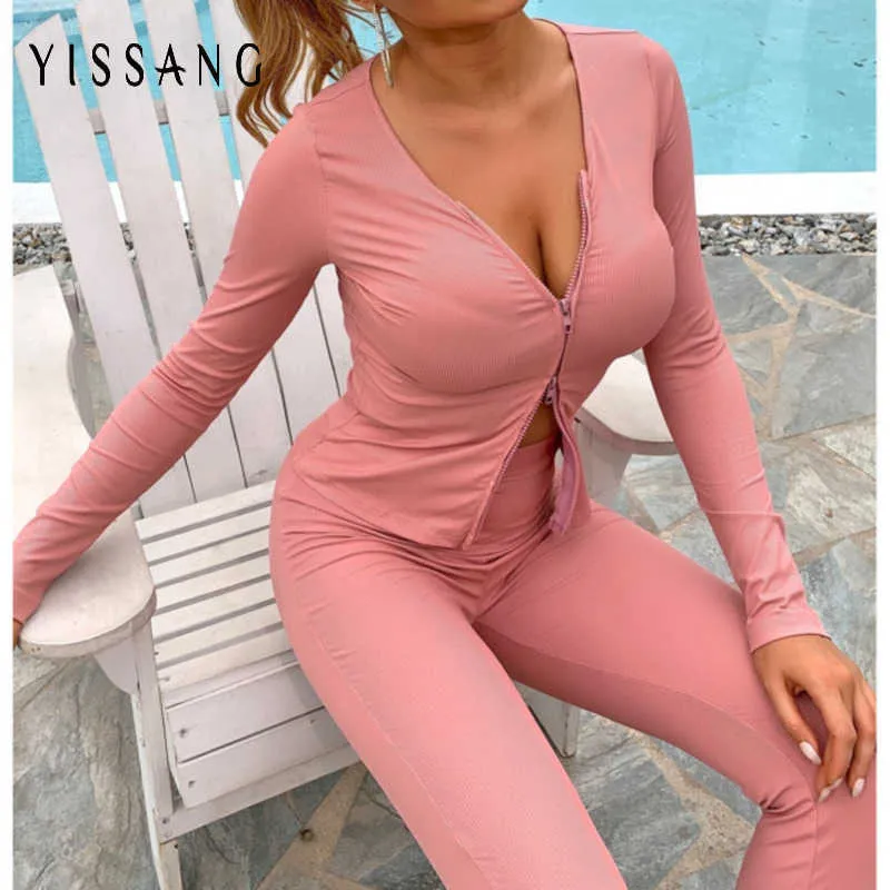 YISSAANG Pink Slim Two Pieces Outfits Women Clothing Long Sleeves Coat And Pencil Pants Casual Autumn Winter Outfits 2 Piece Set Y0625