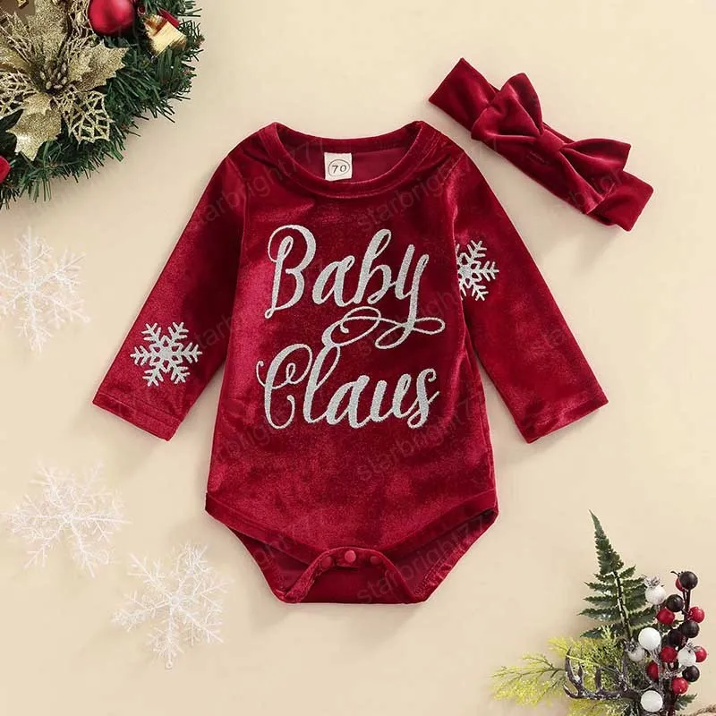 Nouveau-né bébé Costumes de noël barboteuse infantile lettre scintillante flocon de neige impression à manches longues combishort + bandeau vêtements tenues