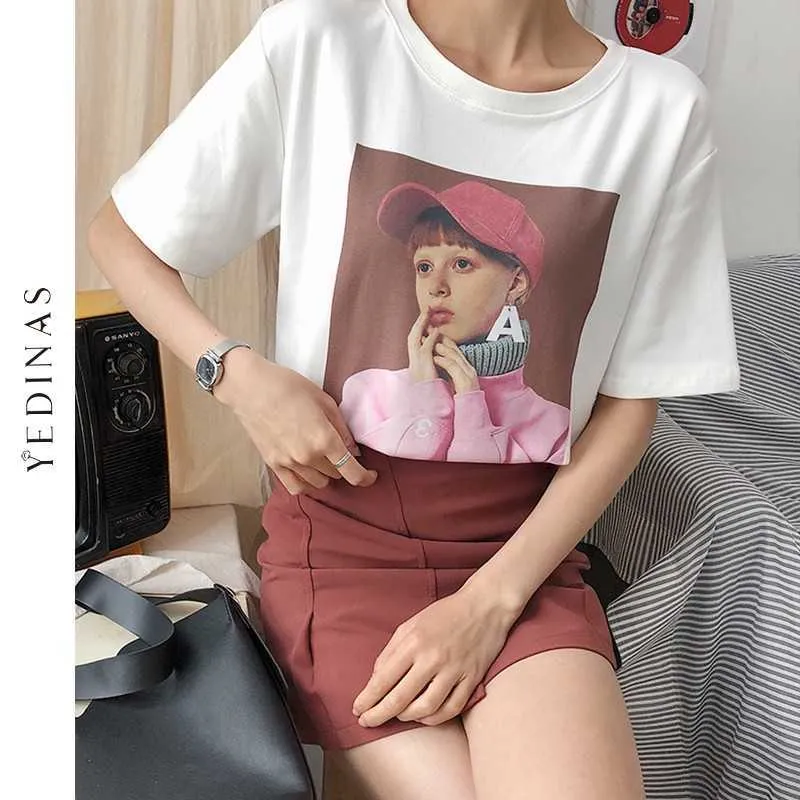 Yedinas moda impressão t camisa mulheres streetwear algodão t-shirt vintage branco camiseta verão francês oversized tshirts 210527