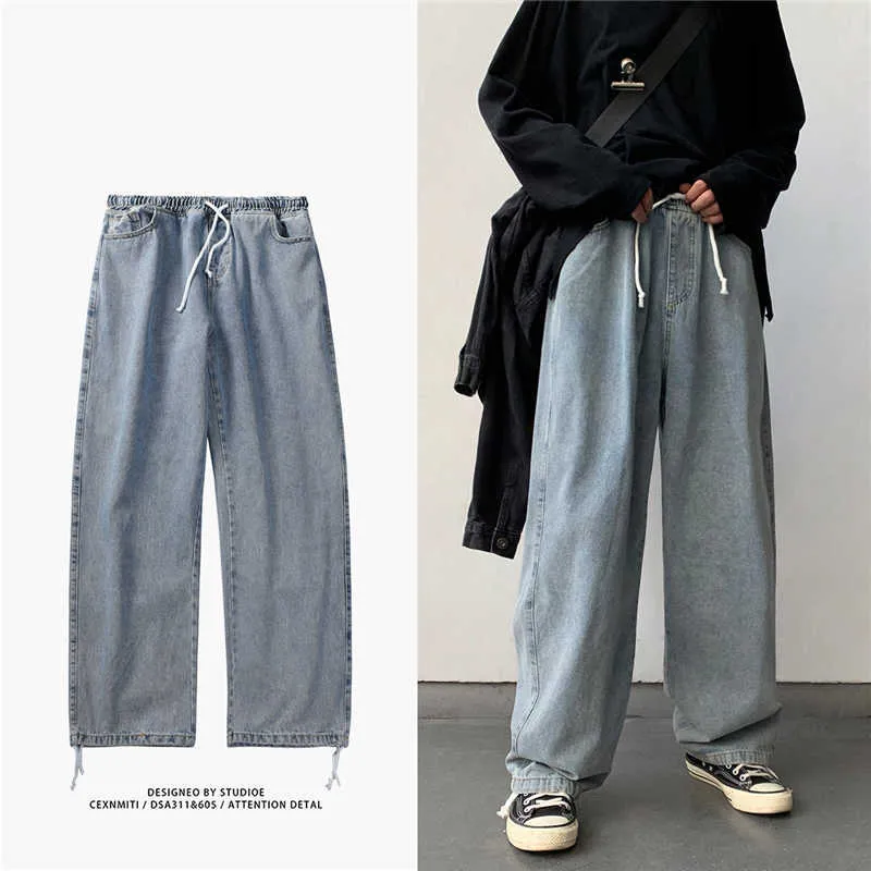 Koreański styl luźne szerokie dżinsy nóg dla mężczyzn niebieski baggy drelichowe spodnie kpop ubrania moda Jeansy Ulzzang Cargo Jeans Male 211009