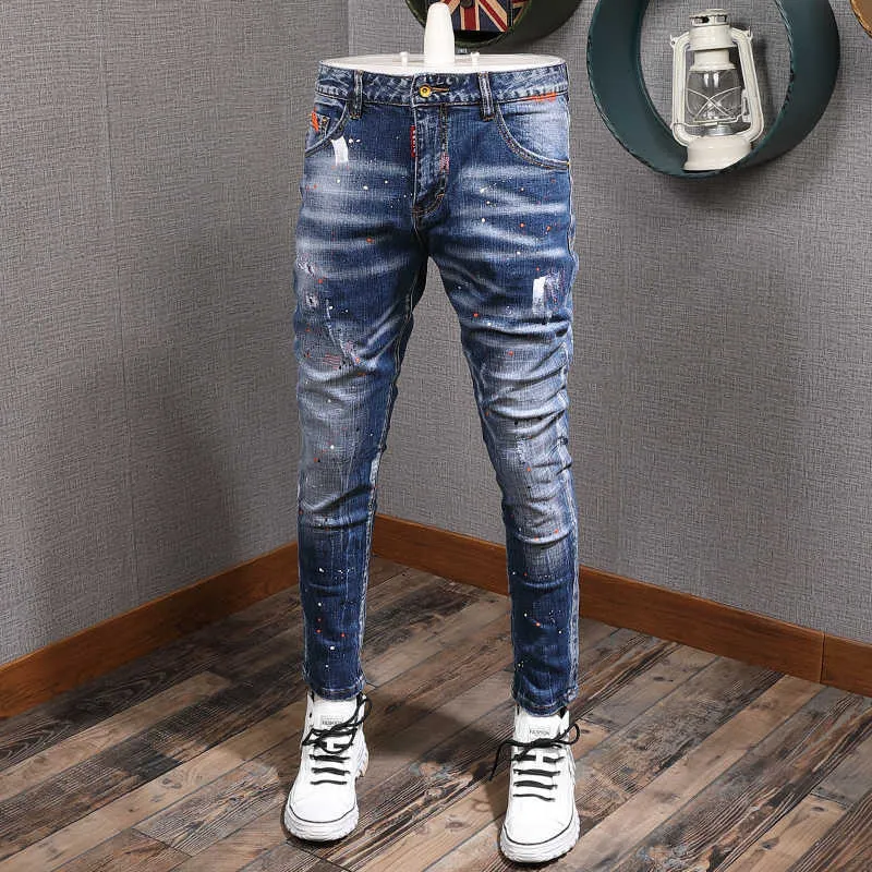 Mode streetwear mannen jeans retro blauw slim fit verf designer jeans mannen nacht club hiphop broek elastische gescheurde jeans homme 210622