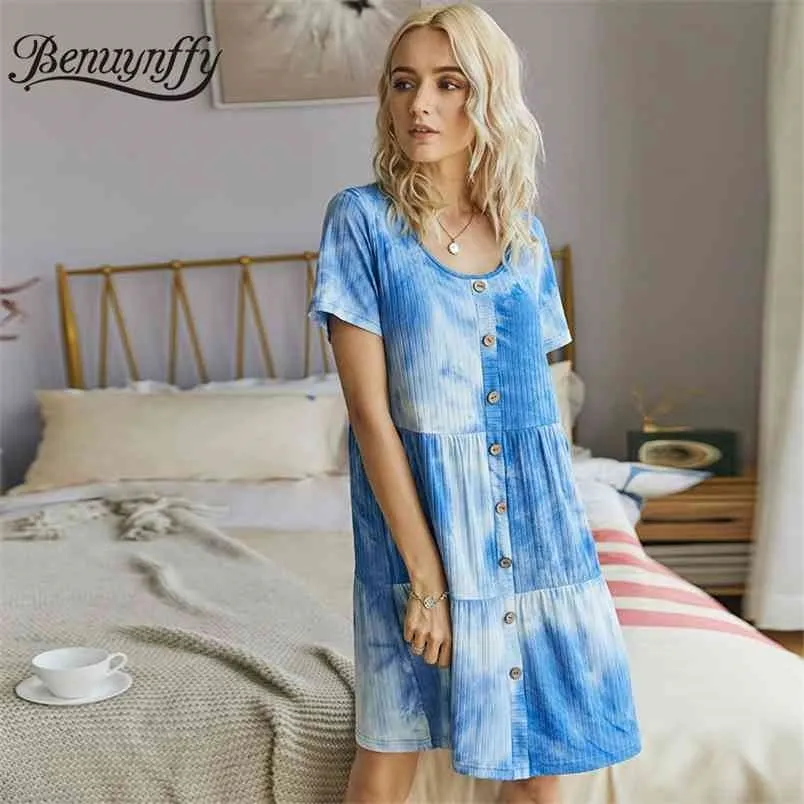 Casual Button Front Tie Dye Mini Dresses Women Summer Fashion Scoop Neck Short Sleeve Home Style A-Line Dress 210510