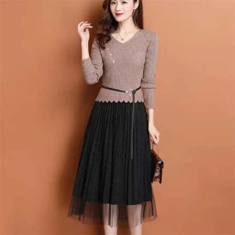 Knit dress women outer wear fashion Korean style stitching mid-length lace skirt casual 210427