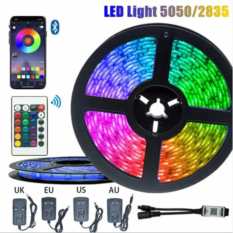 5050 LED tira luz controlador Bluetooth fundo à prova d 'água luzes luzes decoração fita fita tiras flexíveis decoração de lâmpada corada au / uk / UE / EUA