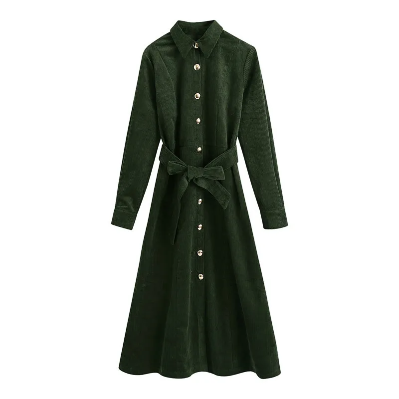 BLSQR Elegante Vestido De Pana Verde Militar Mujer Solapa Manga