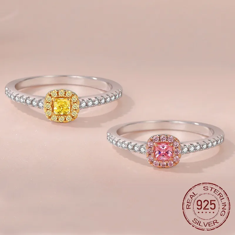 925 Sterling Silver Yellow / Pink Lab Diament Sapphire Pierścień Piękny Prezent Romantyczny Księżniczka Niktle Kobiety