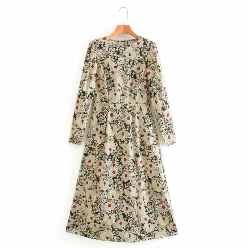 Kvinnor Vintage Blomma Utskrift Midi A-Line Klänning Kvinna O Neck Långärmad Kläder High Street Loose Vestido D7005 210430