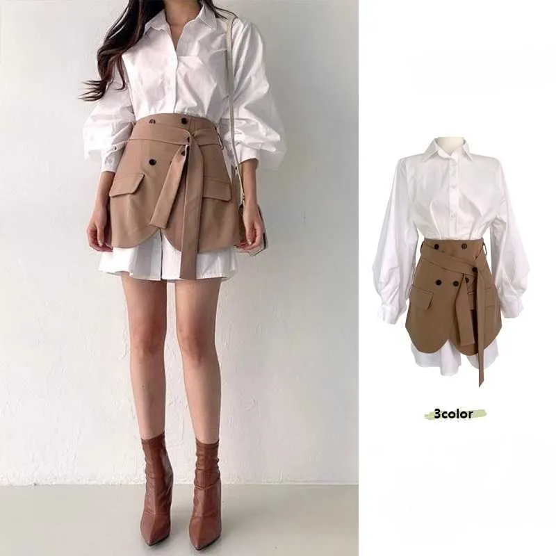 Korean Chic Office Lady White Puff Long Sleeve Lapel Shirts Dress Mini High Waist Double Breasted Irregular Skirts Retro Casual 210610