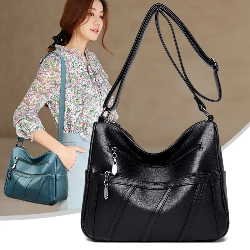 Bolsos de mano para mujer, bandolera de cuero suave de lujo, color negro clásico, bandolera de tamaño grande, bolsos de hombro de viaje con múltiples bolsillos informales