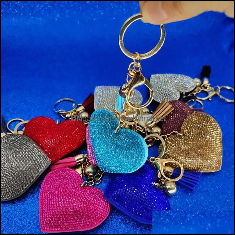 Nyckelringar smycken guld kristall hjärta keychain tofs charm carabiner hållare väska hänger mode nyckelring kommer och sandy drop leverans 2021 anqj