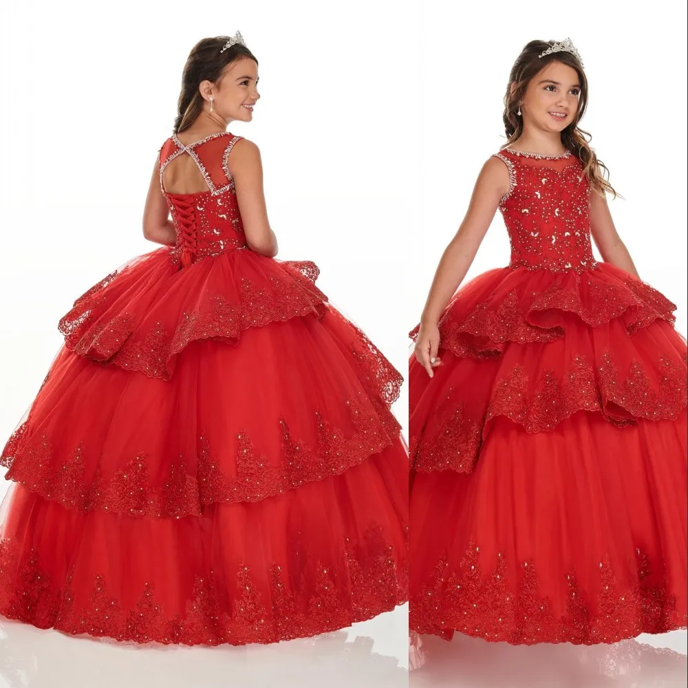 Rosa boll röd klänning flickor tävling klänningar spetsapplikationer kristallpärlor ärmlös tyll tiered ruffles barn blomma flicka födelsedag klänningar quinceanera klänning s