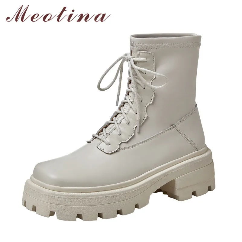 Meotina Motorcycle Boots Women Shoes Real Leather Platform High Heel Ankle Boots Square Toe Thick Heels Lace Up Short Boots Lady 210520