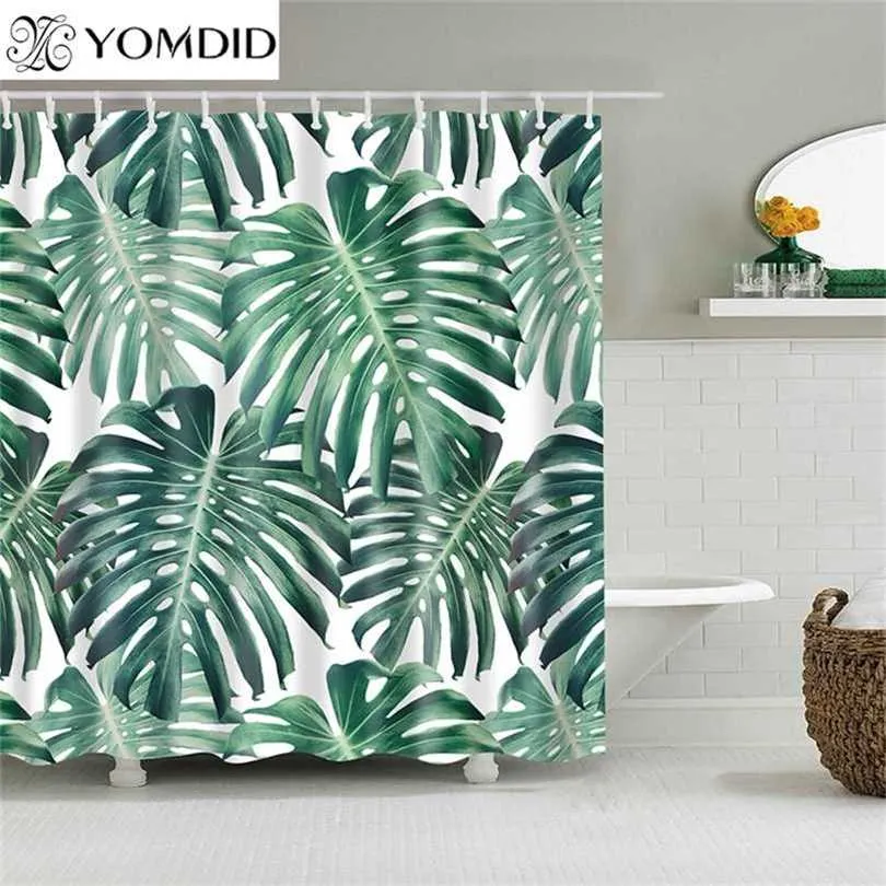 Green Tropical Plants Shower Curtains Bathroom Polyester Waterproof Curtain Leaves Printing for 211119